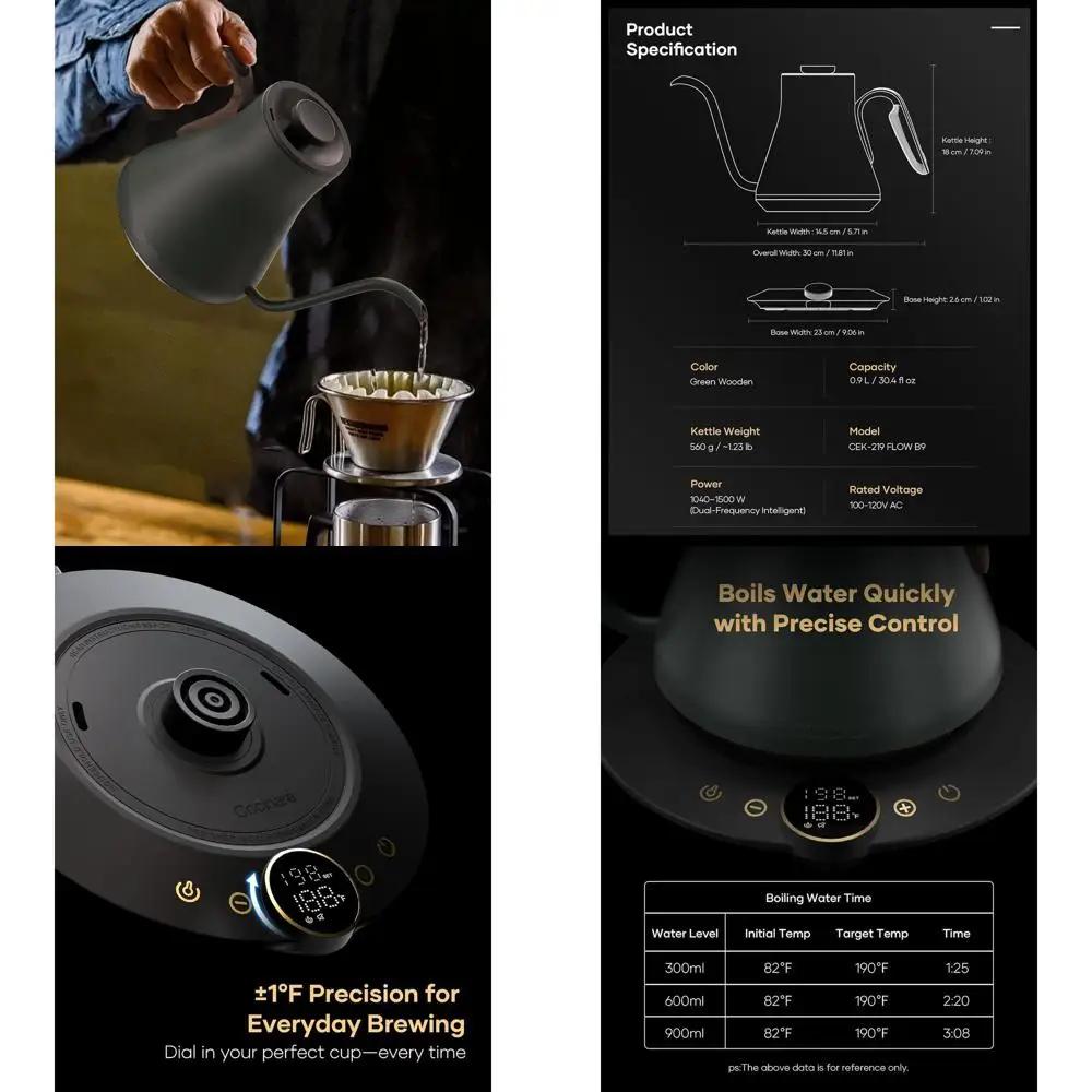 Gooseneck electric kettle with temperature ±1 ° Temperature control F, 1500W rapid heating, stainless steel interior, 0.9L for coffee and tea (Delacroi