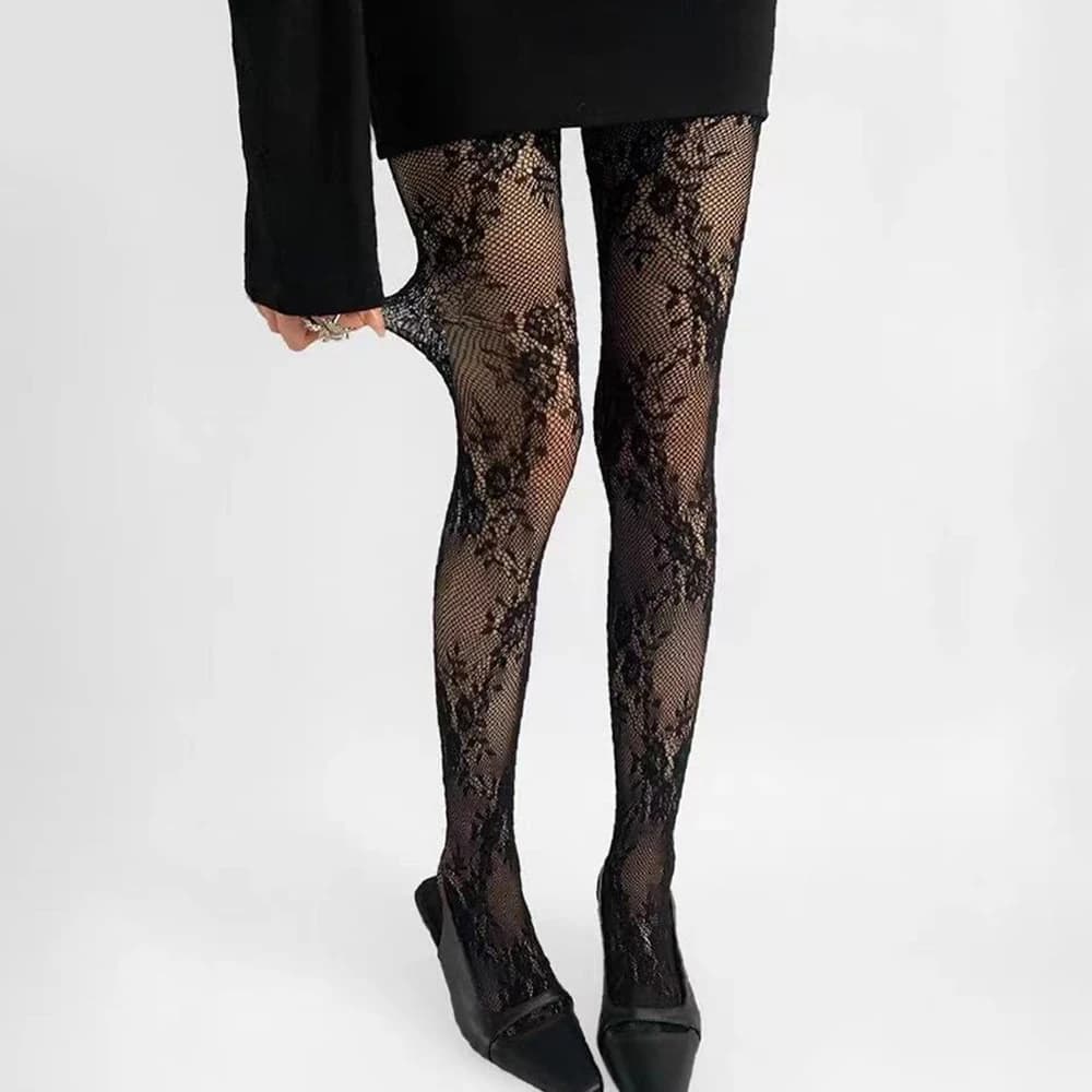 Collant Collant sexy floreali in pizzo cavo Fiori neri e rossi Calze da donna per ragazze Regali Calze da rete da pesca Calzini da festa Y2K
