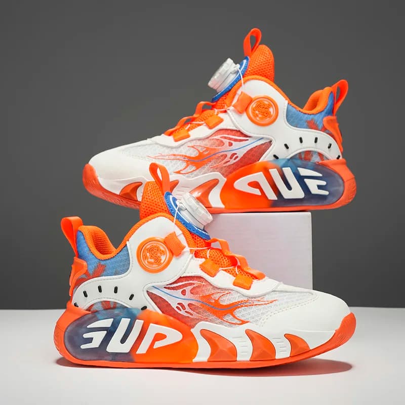 Scarpe sportive per bambini con fibbia rotante, scarpe sportive alla moda arancioni per ragazzi e ragazze, sneakers casual con plateau antiscivolo, scarpe da ginnastica per bambini
