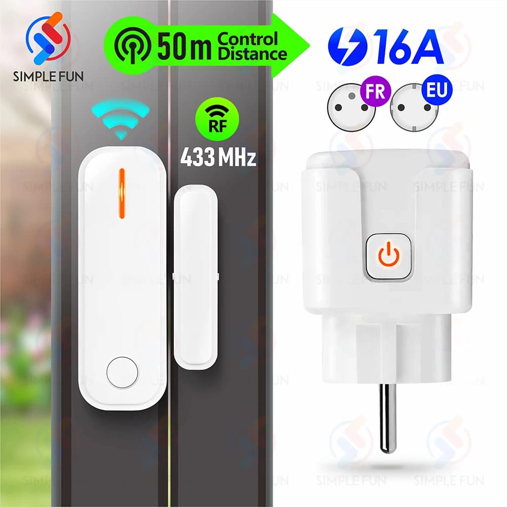 Sensore per porte e finestre wireless 433 Mhz Rilevatore aperto chiuso e set di prese RF 110 V 220 V 230 V per lampada/elettrodomestici/protezione di sicurezza
