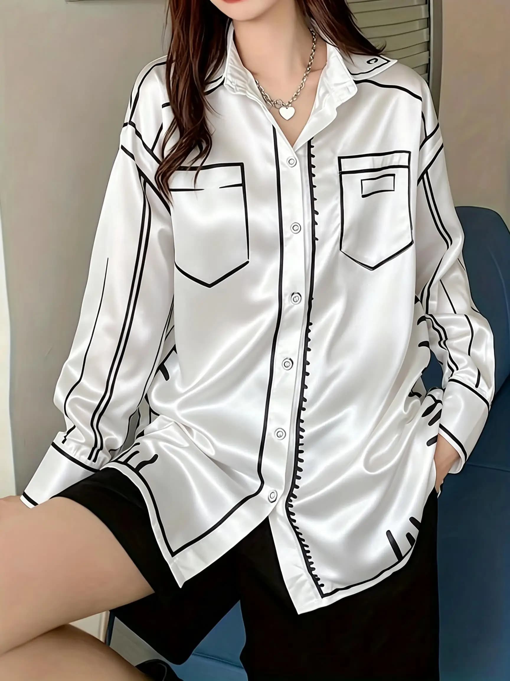 Women Comic Line Art Rose Print Lapel Collar Long Sleeve Shirt Loose Button Down Fashion Casual Blouse Tops