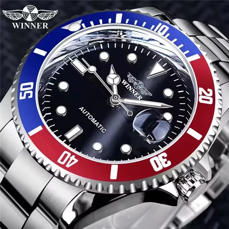 WINNER 002 Orologio meccanico automatico da uomo alla moda Calendario di lusso Luce notturna per il tempo libero Cinturino in acciaio inossidabile Orologio da regalo da uomo