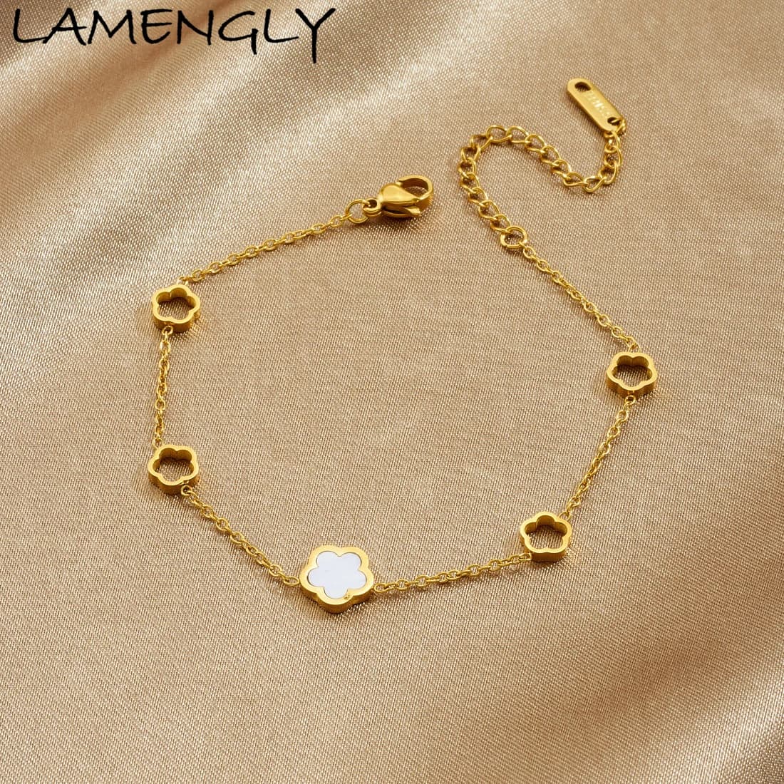 LAMENGLY 316L Stainless Steel White Shell Inlay Hollow Out 5-Leaf Flower Charm Bracelet Women Elegant Trend Hand Chain Jewelry