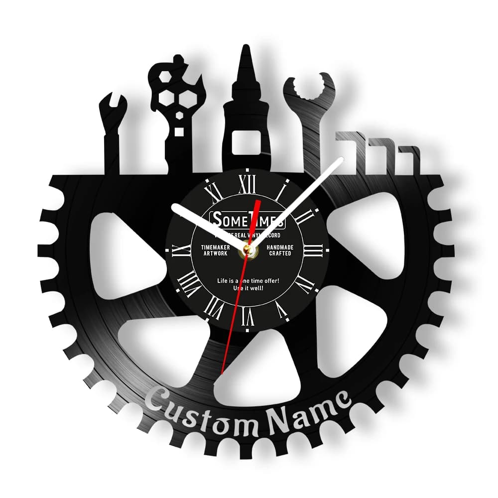 Gear Design Garage Custom Vinyl Disc Wall Clock Tool Room Decor Mechanical Automotive Auto Shop Workshop Custom Wall Clock