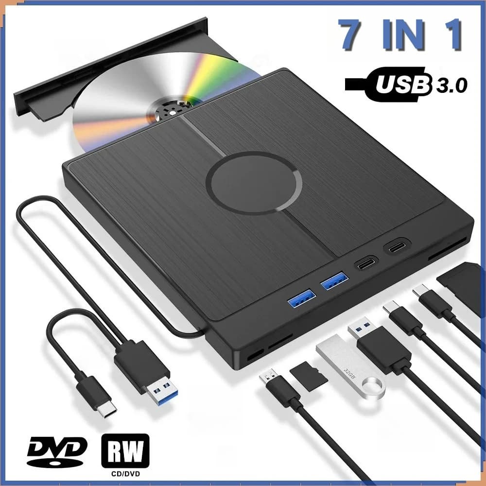 Unità ottica esterna 7-in-1 USB 3.0 Type-C per CD/DVD RW, lettore/scrittore multifunzione per laptop, Windows, Mac, PC