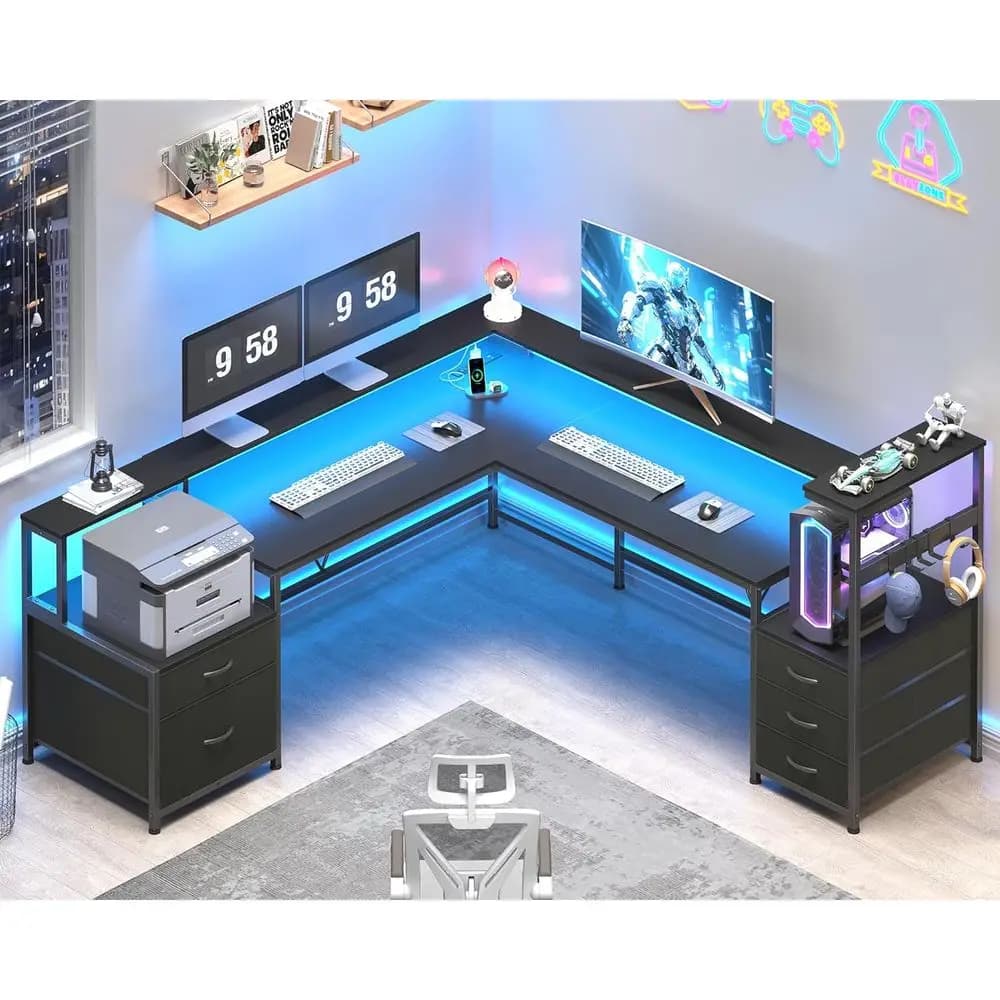 L desk with drawers, storage shelves, printer support, power outlet, LED lights and home office and gaming monitor support