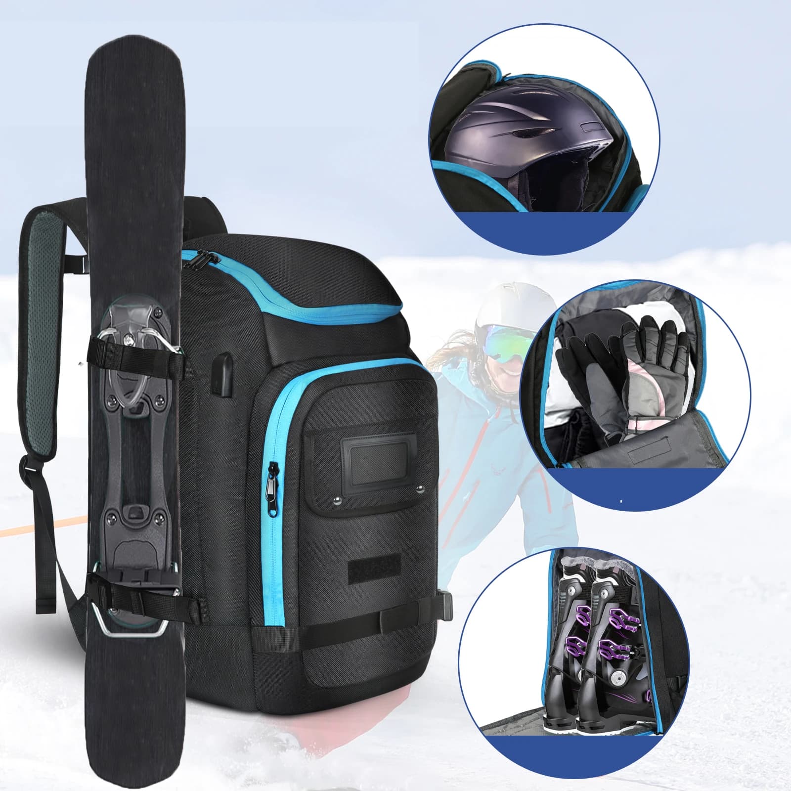 Borsa per scarponi da sci Capacità per sci all'aperto Zaino grande Unisex Separazione asciutta e bagnata Caschi di stoccaggio impermeabili Guanti per stivali Snowboard