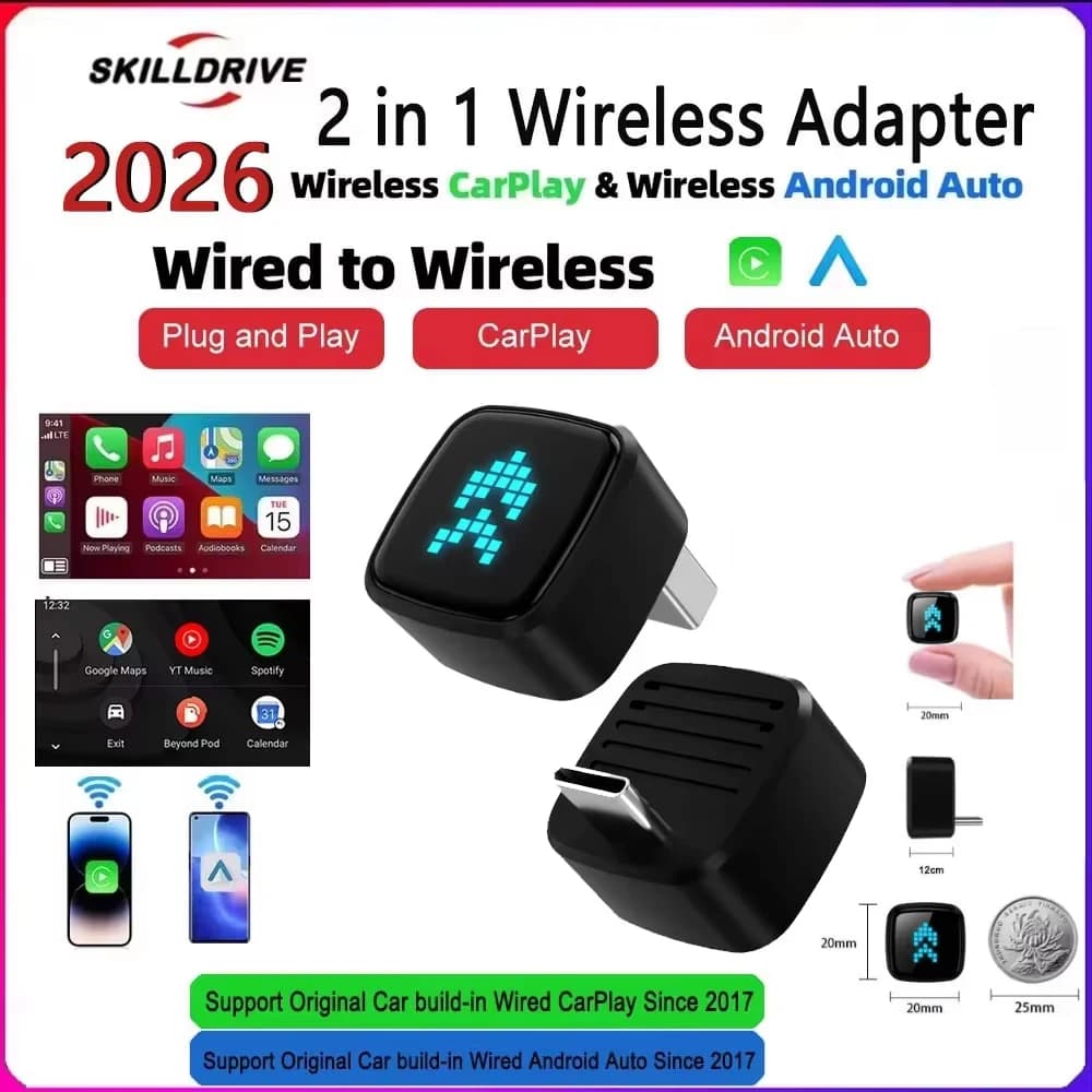 Skilldrive 2026 Mini Adattatore Wireless 2 in 1 per CarPlay con Porta Type-C, Converte CarPlay e Android Auto da Cablato a Wireless, Plug & Play