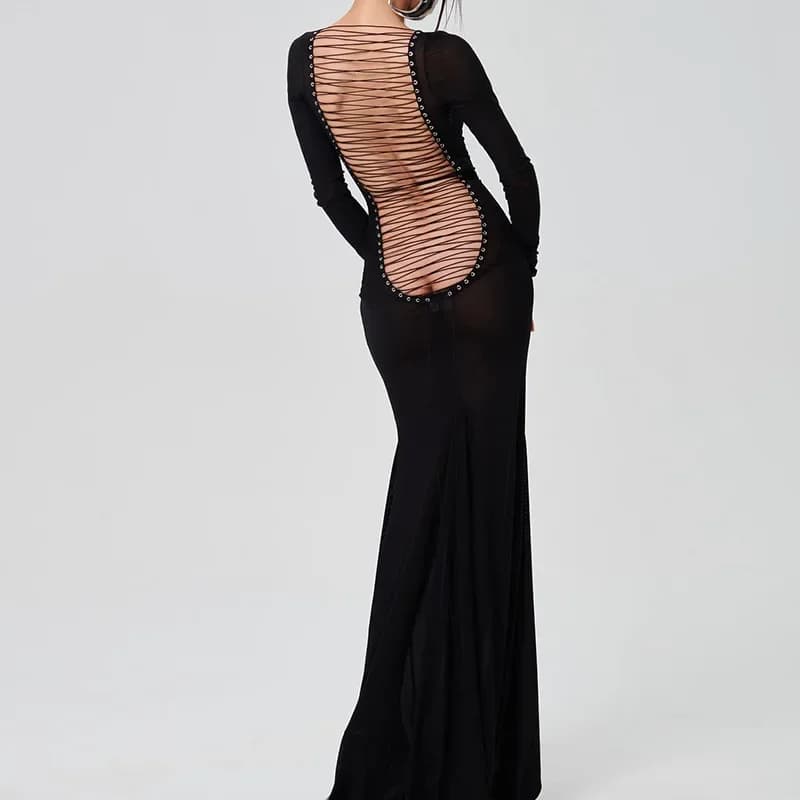 Grommet Lace Up Backless Sheer Mesh Bodycon Maxi Dress Donna Sexy See Through O-Collo Manica intera Clubwear Party Abiti lunghi
