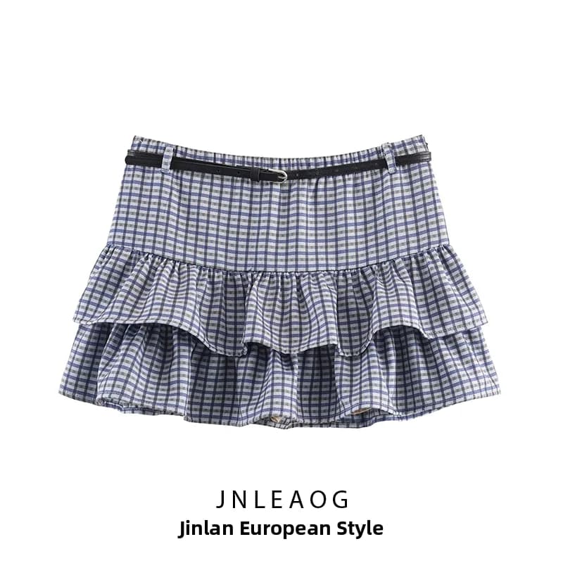 JNLEAOG Summer New Women's Fashion Versatile Design Personality Belted Plaid Skirt mid Waist Polyester Casual Cake Skirt