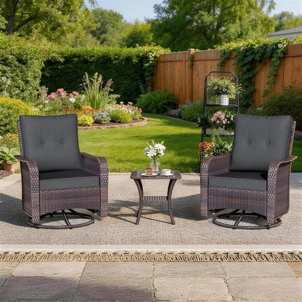 3-Piece Outdoor Swivel Rocker Wicker Chair Set with Coffee Table & Thick Cushions for Patio, Porch, or Garden in Grey