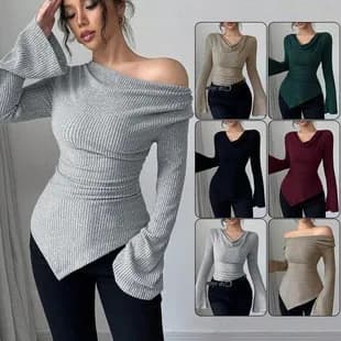 Blusa da donna a maniche lunghe tinta unita, maglia a costine con collo a cappuccio, orlo asimmetrico a campana, top a spalle scoperte