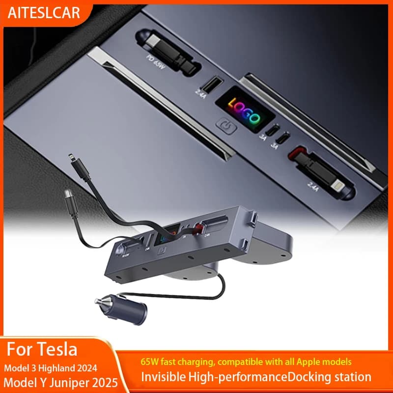 Per Tesla Model Y Juniper 2025 Modello 3 Highland 65W Caricatore rapido USB Shunt Hub Docking station intelligente Adattatore per auto Alimentazione
