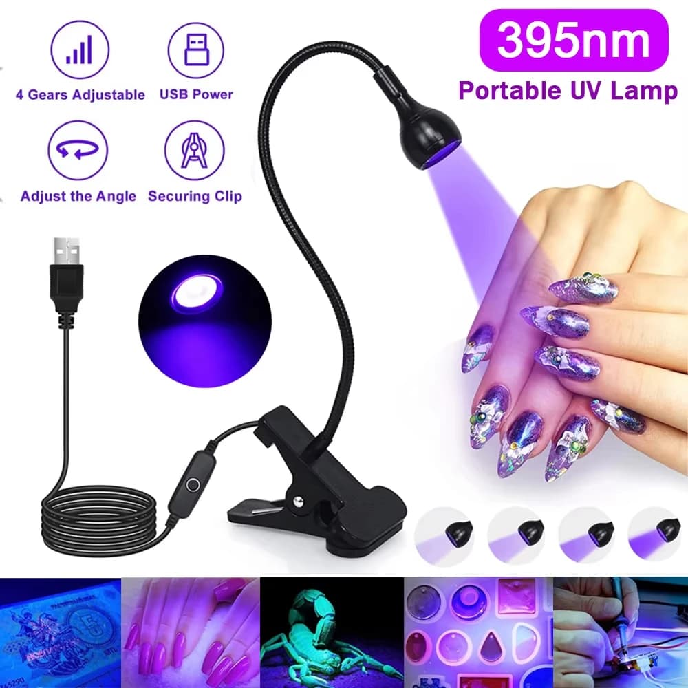UV LED Nail Lamp 395nm, Black Light Table Lamp, Manicure Dryer, USB Portable UV Light with Clamp