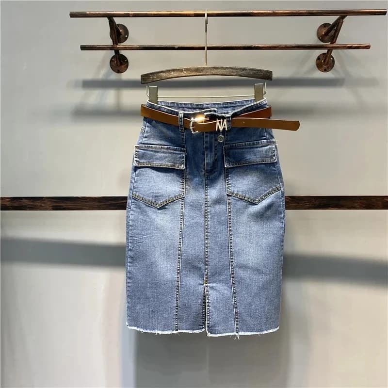 Gonna avvolgente sui fianchi di media lunghezza elastica a vita alta per le donne Primavera Estate 2025 Nuova moda con spacco e versatili gonne di jeans