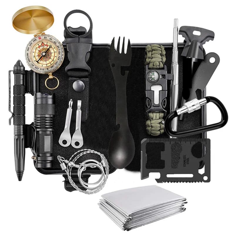 Kit di sopravvivenza militare da campeggio Attrezzatura di difesa multifunzione Primo soccorso SOS per avventure nella natura selvaggia con coperta termica con coltello
