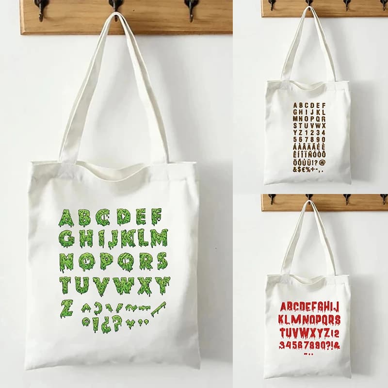 Leopard Alphanumeric Printed Canvas Shoulder Bags Eco Friendly Reusable Shopping Bag Handbag Large Capacity Portable Tote Bag