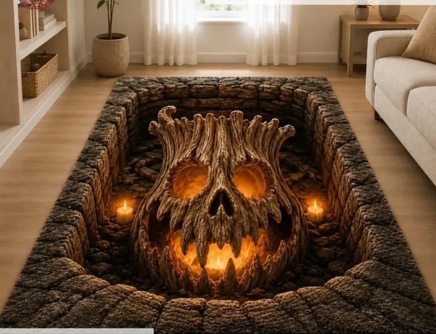 2D Creepy Tree Skull Area Rug, Stone Dungeon Pit Runner Rug Gothic Halloween Decor Scary Haunted House, Optical Illusion Carpet