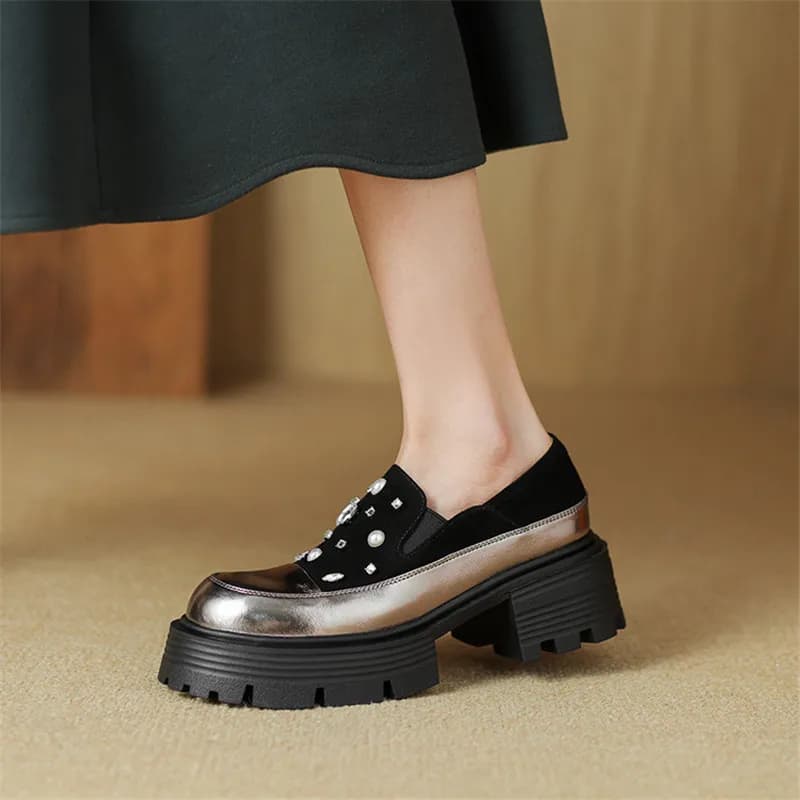 Nuove Scarpe da Donna in Pelle Scamosciata Primavera/Autunno, Moda con Strass, Punta Tonda, Tacchi Alti, Plateau e Mocassini