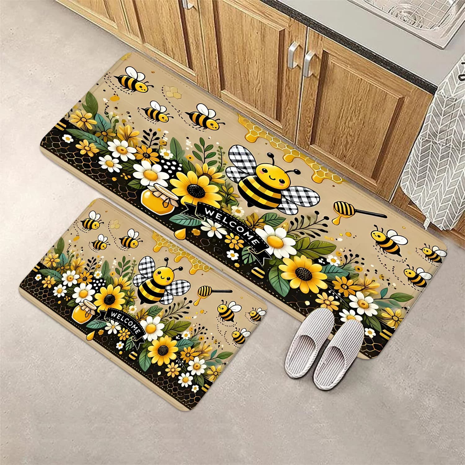 Bee Flower Kitchen Carpet, Flannel Mat for Restaurant and Entrance, Anti-slip Carpet for Portico with Margherite and Girasoli