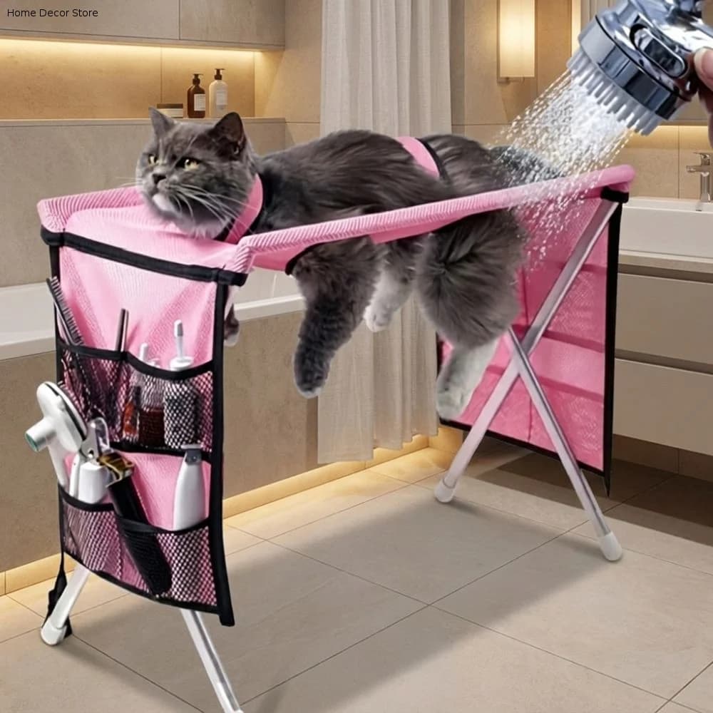 Folding Pet Grooming Hammock Anti-Scratch with Support Frame Pet Washing Station Detachable Quick Drying Cat Bathing Rack