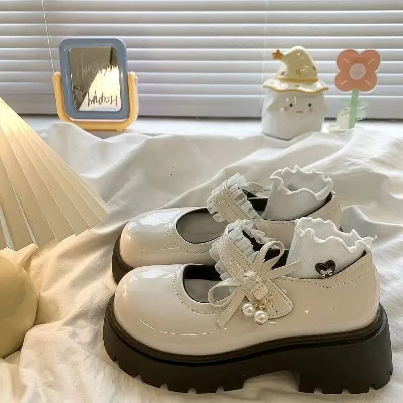 New Autumn Ladies Soft-soled Loafer Shoes Girl Women Pearl PU Leather Mary Jane Shoes Lady Cute Thick-soled Platform Strap Shoes