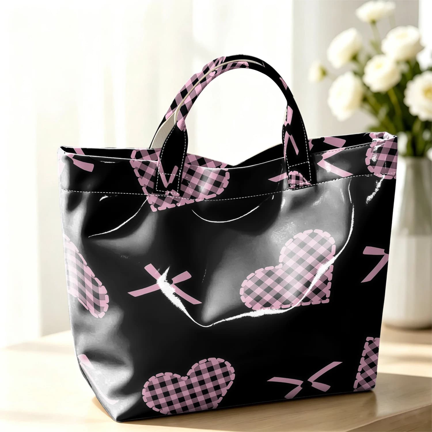 Plaid Heart Bow Hot Sale Large Glossy PVC Tote Bag Hand Washable Waterproof Great for Travel Commute Makeup Storage Handbags