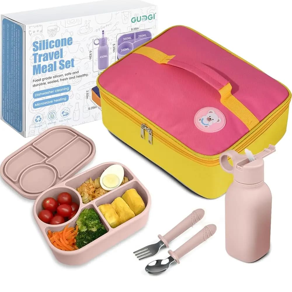 Set Bento Box in Silicone per Bambini con Bottiglia d'Acqua da 450ml, Contenitore Pranzo a 4 Scomparti, Cucchiaio e Forchetta per Bambini, Isolato Termicamente, Spedizione Gratuita