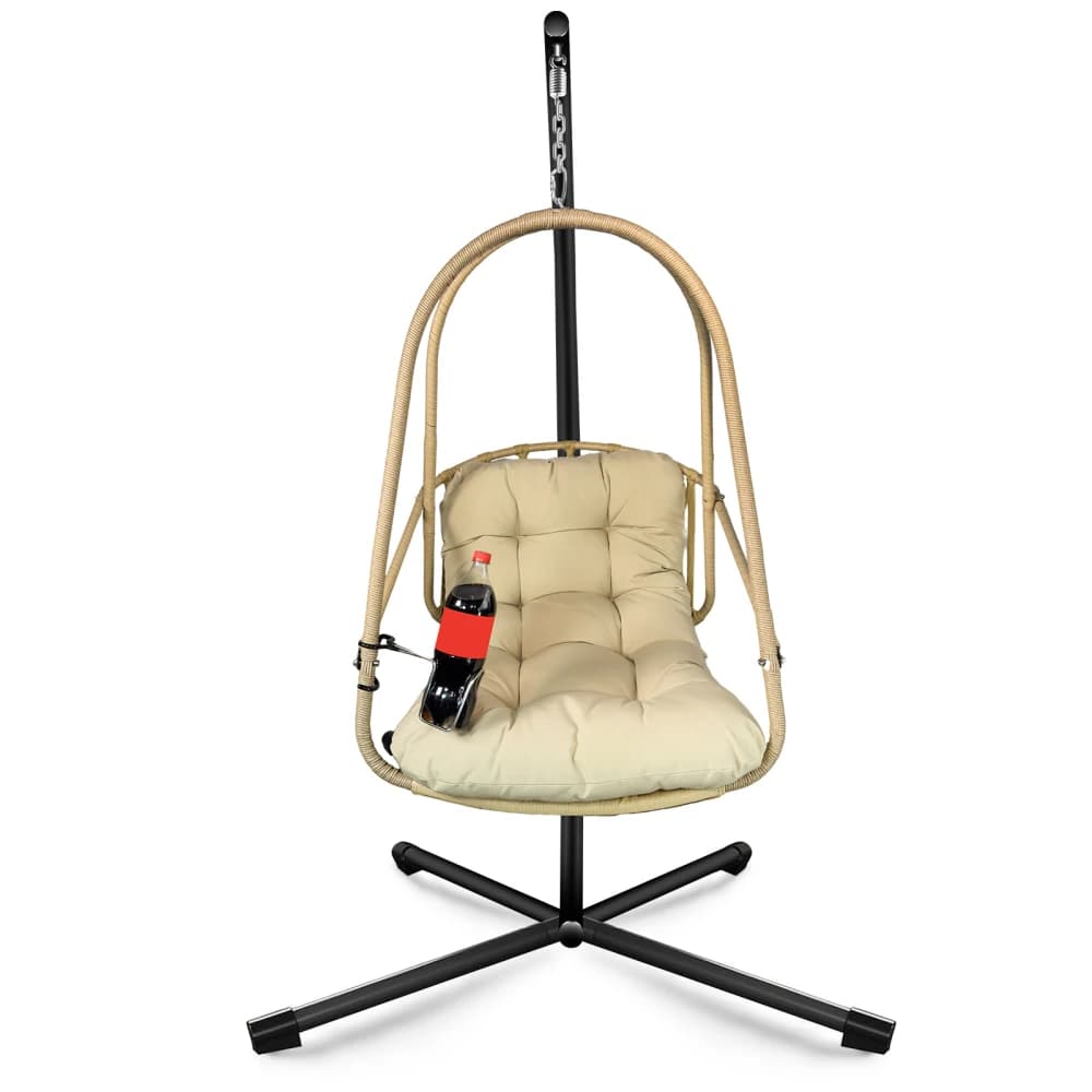 Foldable egg-shaped rocking chair with support, for indoors and outdoors, in wickers, with special cushion and cup holders