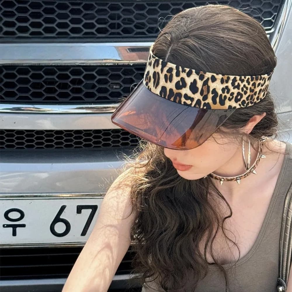 Cappello sportivo con visiera con stampa leopardata, protezione UV, tinta unita, trasparente, regolabile, unisex