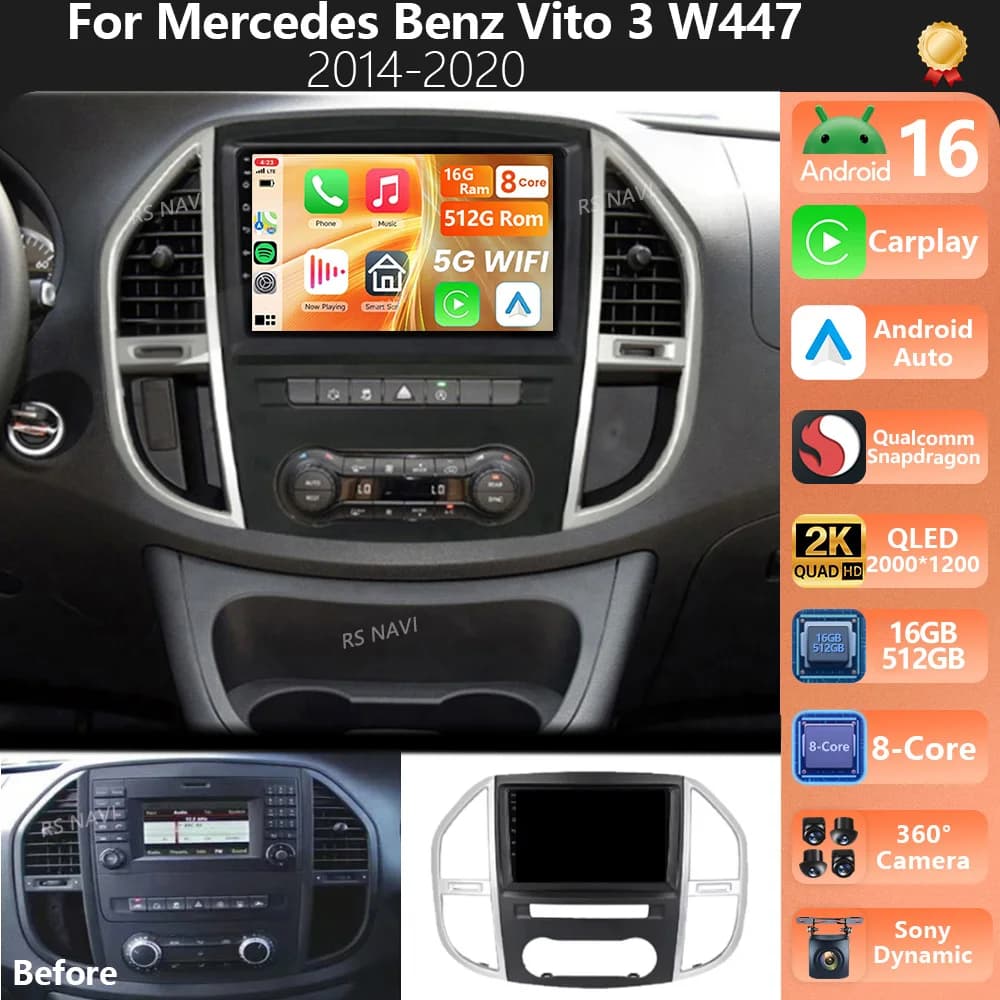 Plug and Play Android 15 Per Mercedes Benz Vito 3 W447 2014-2020 2K QLED Android Autoradio Lettore Video Multimediale GPS CarPlay