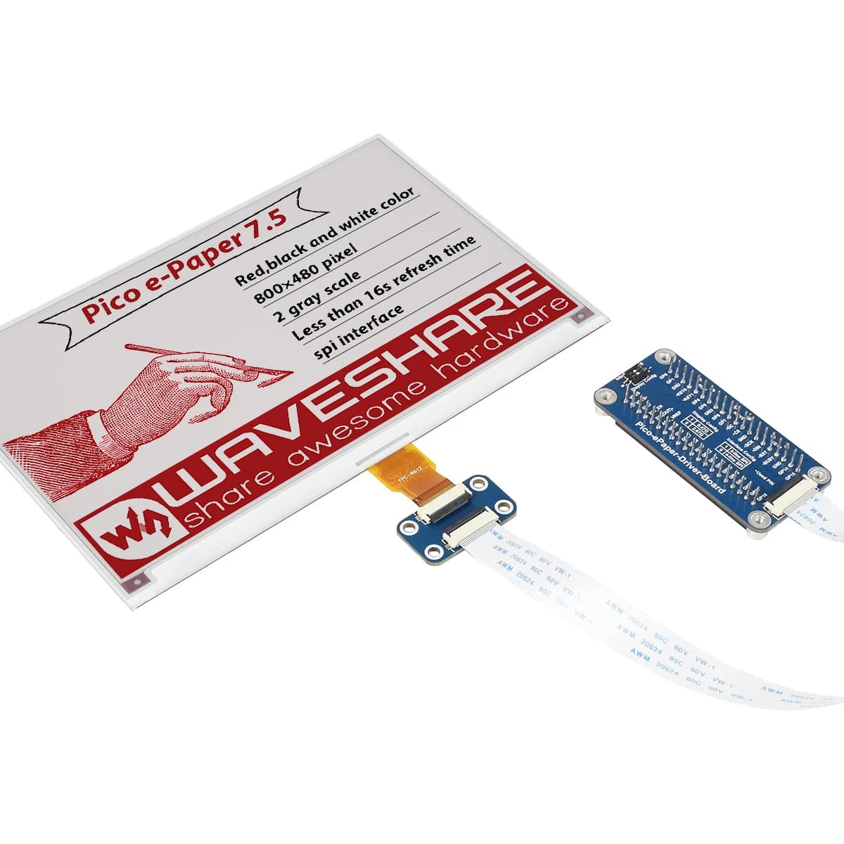 Modulo display E-Paper E-Ink Waveshare da 7,5 pollici (B) per Raspberry Pi Pico 800X480 Rosso / Nero / Bianco SPI, Pico-ePaper-7.5-B