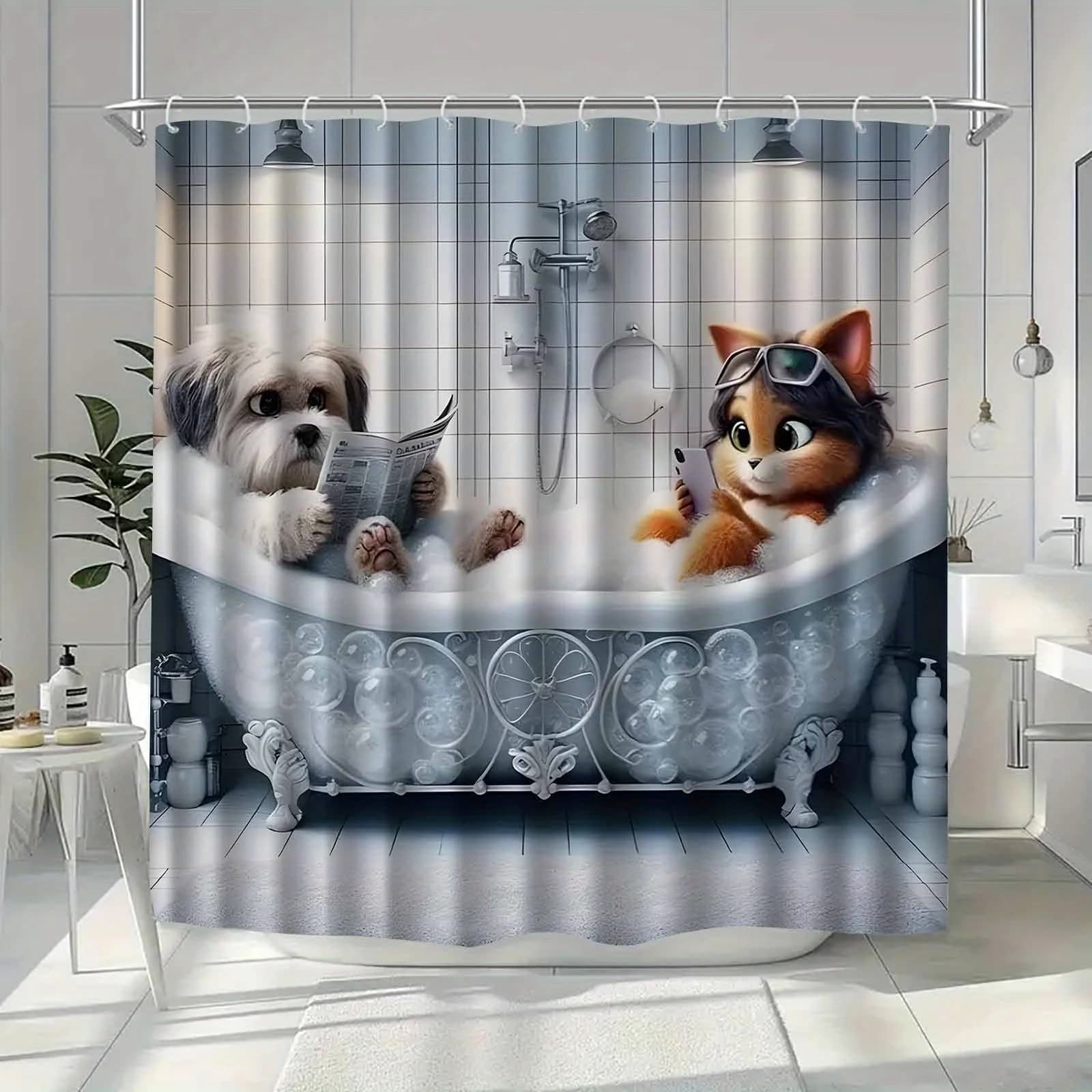 Dog Cat Bathtub Digital Print Shower Curtain Waterproof Bathroom Decor Curtain for Home Decoration