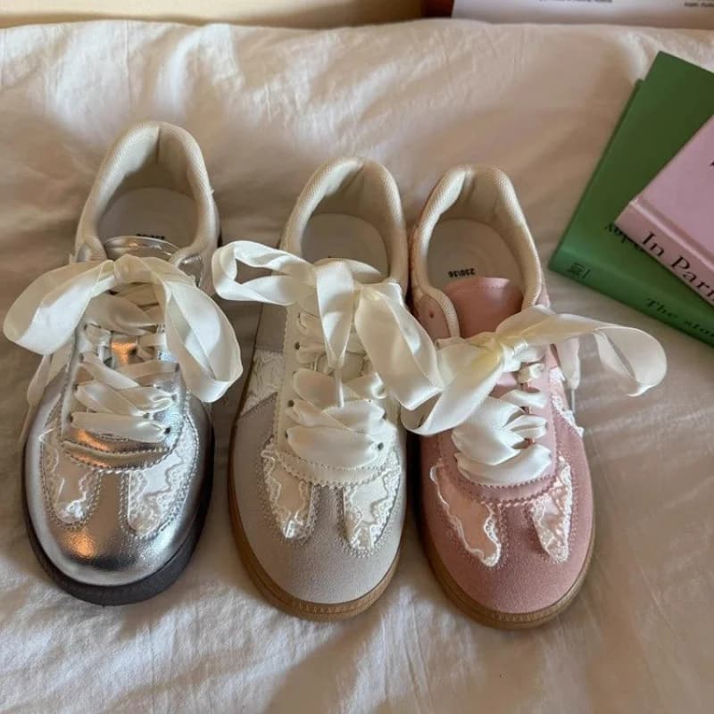 German Army gymnastics shoes with women's lace decorations Viral 2025 | Fashionable white gymnastics shoes | Sports leisure shoes Ballet Core