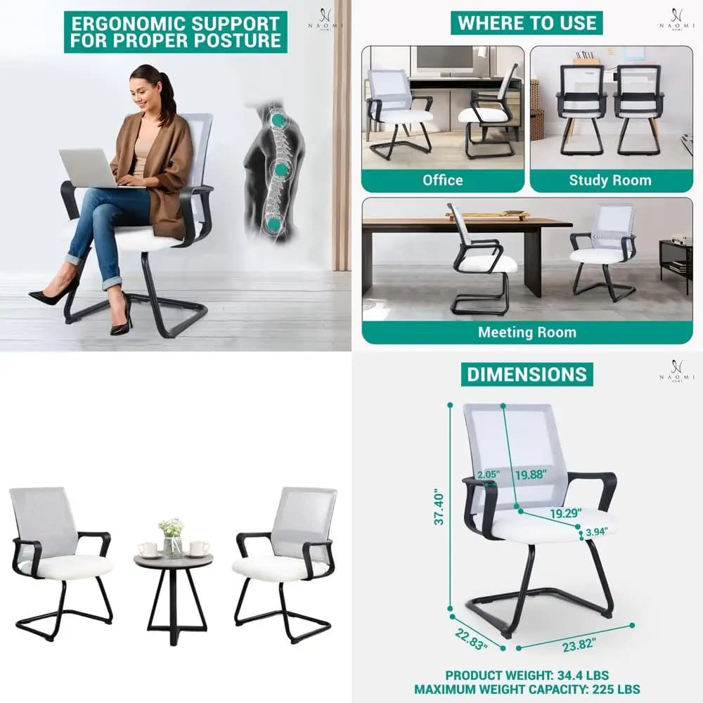 Set di 2 Sedie Ergonomiche Moderne in Rete Bianca - Base a Slitta, Sedili Imbottiti, Scorrimento Silenzioso, Braccioli Fissi per Ospiti in Ufficio