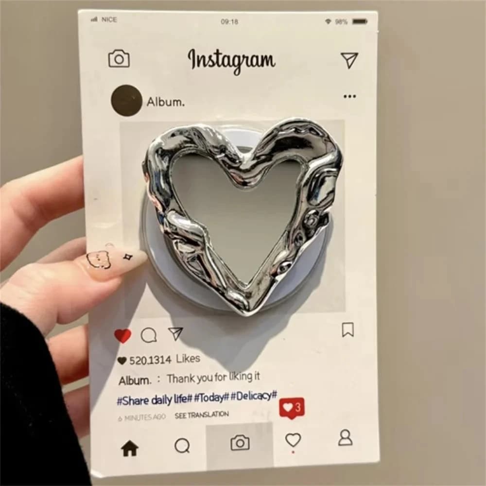 Supporto magnetico per specchio a forma di cuore d'amore in argento pieghettato Supporto per supporto per telefono Griptok per IPhone 17 16 per Pad Magsafe Smart Tok