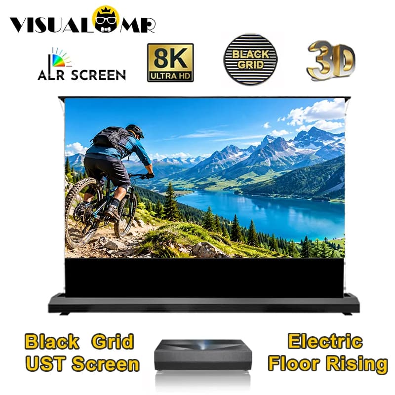 Electric Floor Rising UST ALR Projection Screen Black Grid CLR Tab Tension for Ultra Short Throw Laser TV Projector 4K 8K HDR