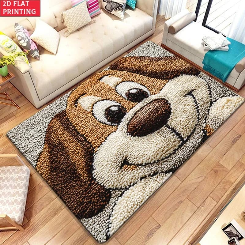 Newest Big Carpet 2D Cartoon Basset Hound Dog Face Flock Print Area Rug Non Slip Soft Floor Mat for Bedroom Living Room