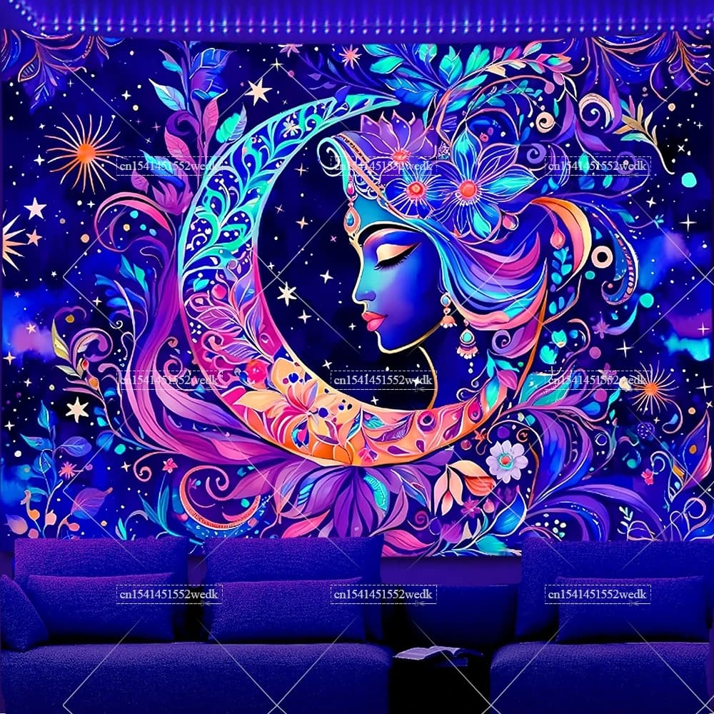 Dea della Luna Arazzo a luce nera Boho Mandala Fiori del sole Arazzi fluorescenti Notte stellata Arazzo Neon Party Fondali UV