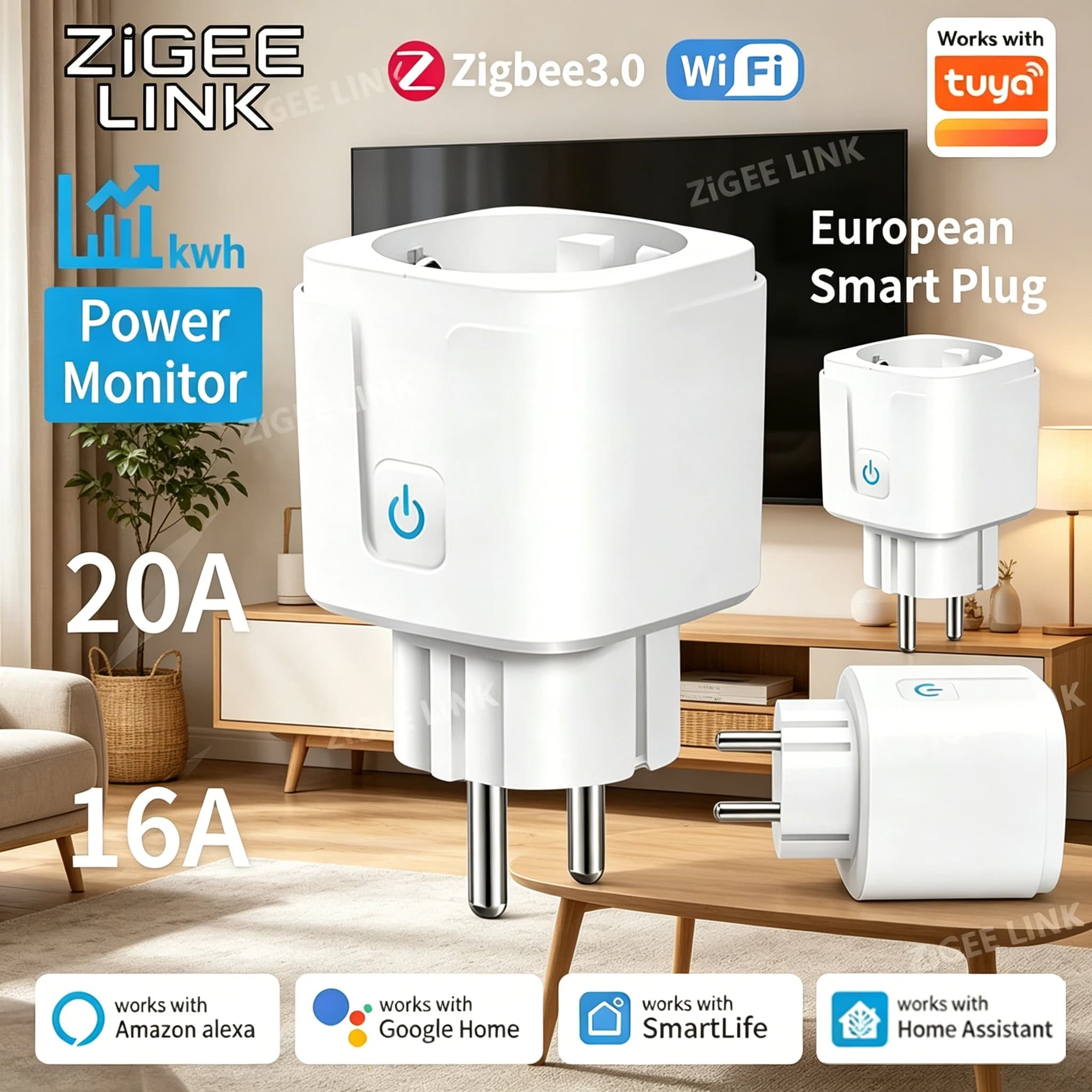 Presa Intelligente Tuya Zigbee EU con Monitoraggio Consumi, Funzione Timer e Controllo Vocale per Home Assistant