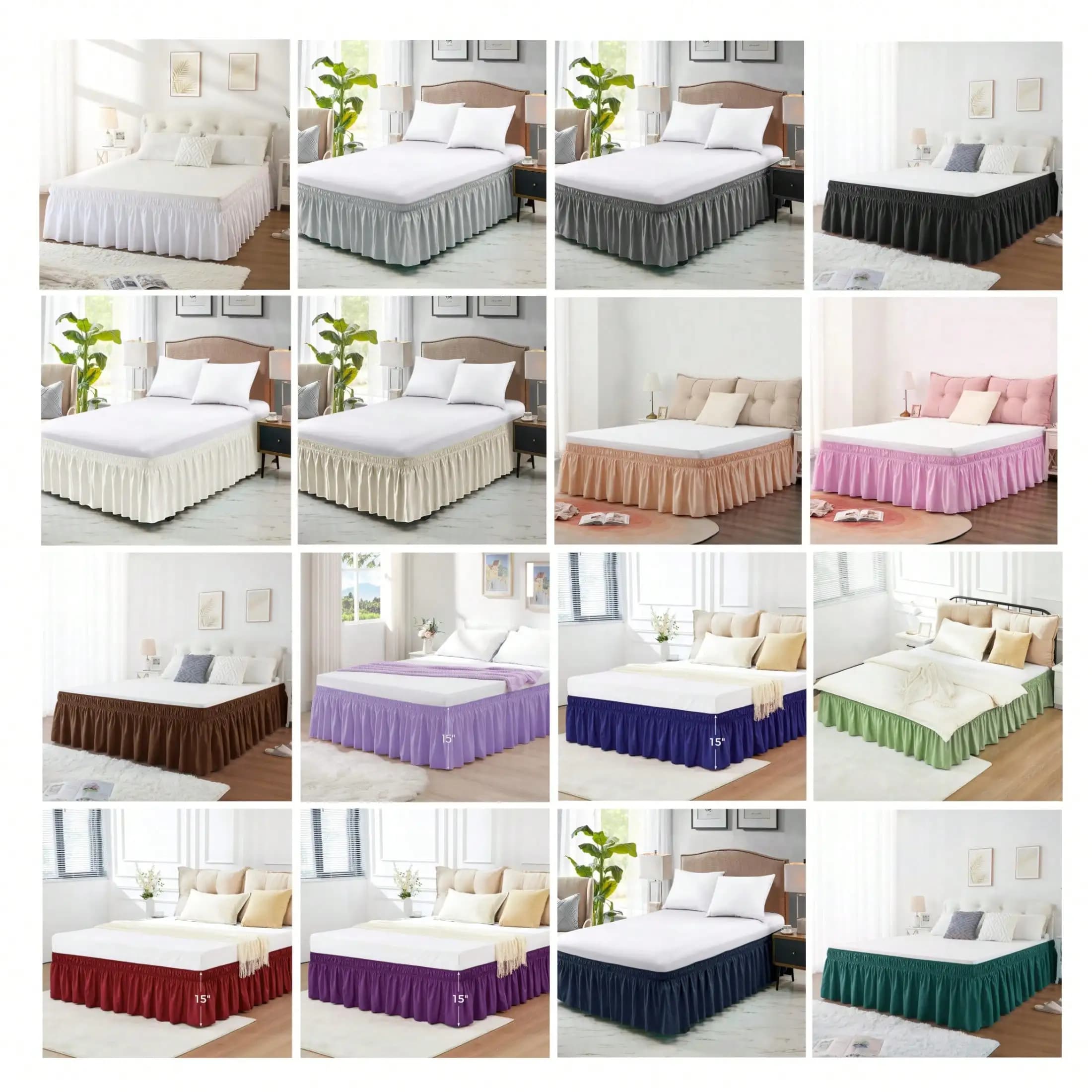 Plissetta bed skirt with elastic and brushed fabric, height 15 inches, dark grey, Queen size