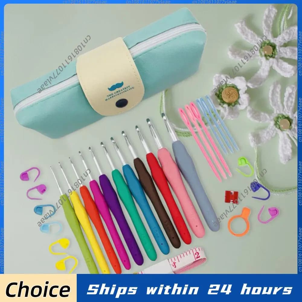 Set di 11 Ferri da Maglia con Manici Colorati in Gomma, Clip per Cucito, Aghi in Plastica, Forbici in Acciaio Inossidabile e Uncinetti