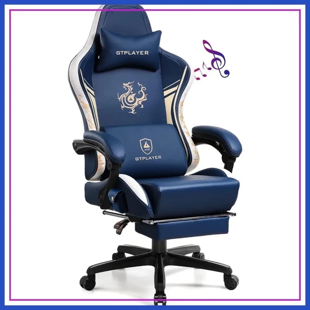 Sedia da Gaming con Altoparlanti Bluetooth, Poggiapiedi, Sedia Ergonomica da Ufficio Blu