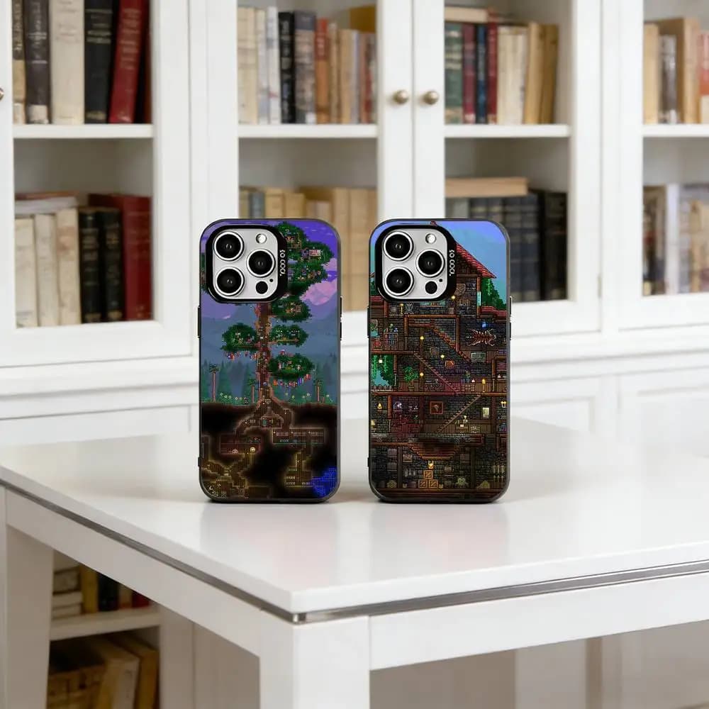 Cover per iPhone Terraria per modelli 17, 16, 15, 14, 13, 12, 11 Plus, Pro Max, XS, con rivestimento interno colorato argentato