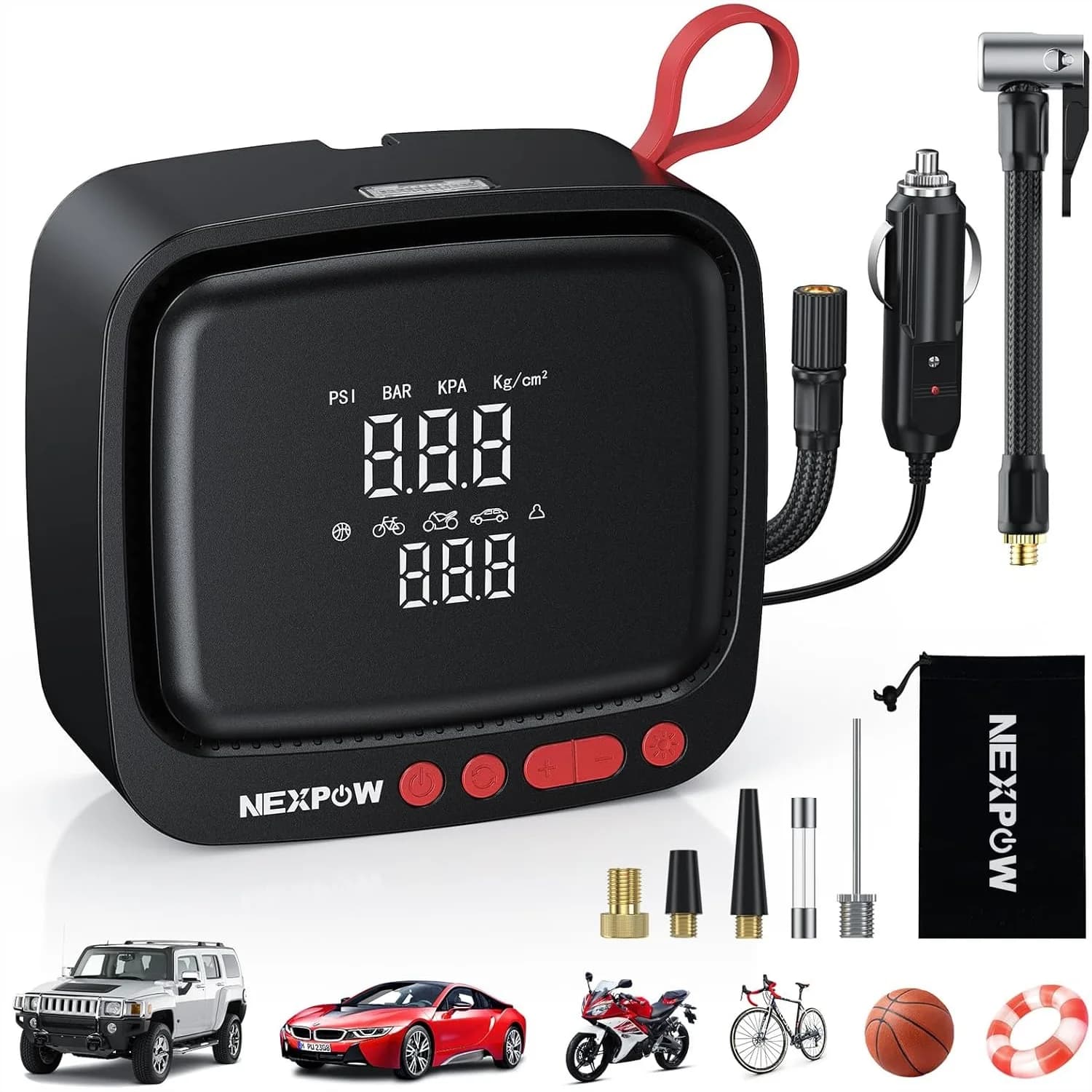 Compressore d'Aria Portatile 150PSI 12V DC con Manometro Digitale Doppio e Spegnimento Automatico, Luce LED per Auto e Moto