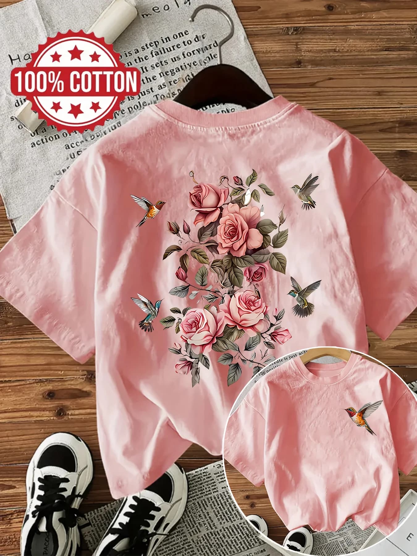 100% Cotton Women'S Floral with Bird Print T-Shirt Casual Round Neck Short Sleeve Tee Flowers Vintage Design Ladies T Shirts
