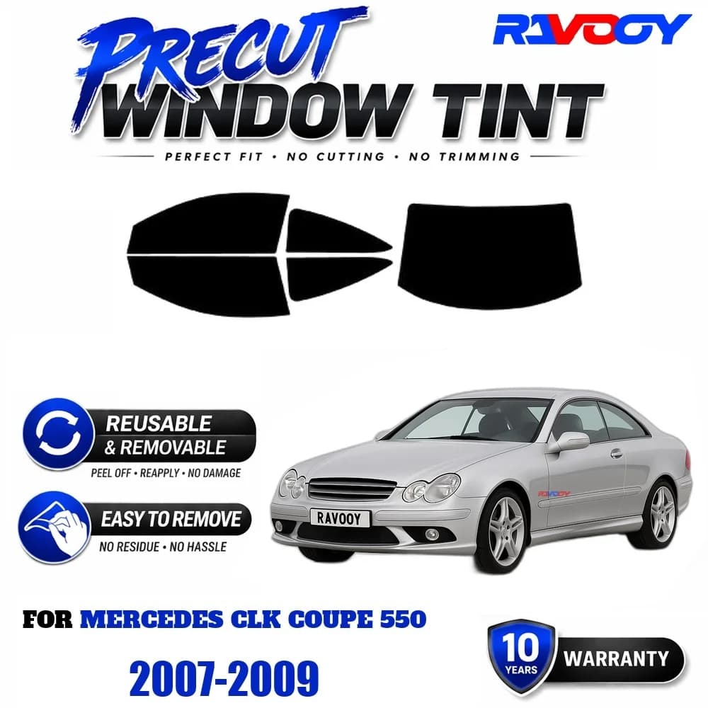 RAVOOY Precut Window Tint, Reusable Removable EPU Film, Custom Fit for Mercedes CLK Coupe 550 2007-2009, UV Heat Protection