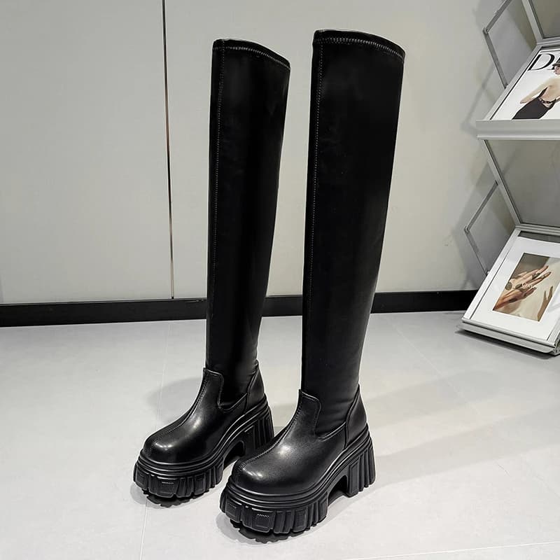 Women's Over-the-Knee Long Boots Minimalist Design Crafted From Firm Leather Thick-soled High-heeled Design Fashionable