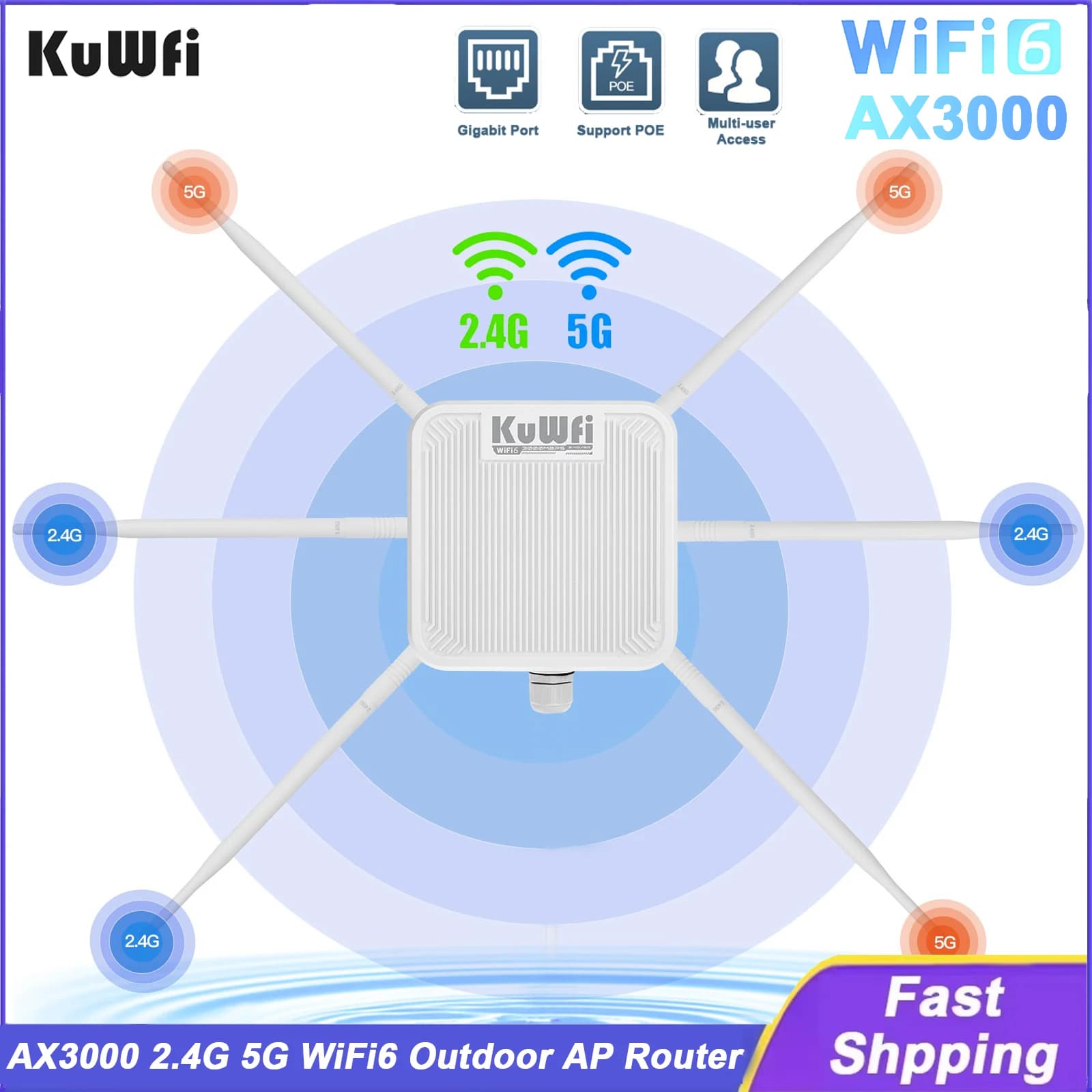 KuWFi AX3000 Router AP esterno 2.4G 5.8G Dual Band WiFi 6 porte Gigabit con antenne ad alto guadagno Ripetitore AP MESH IP67 per Stalink