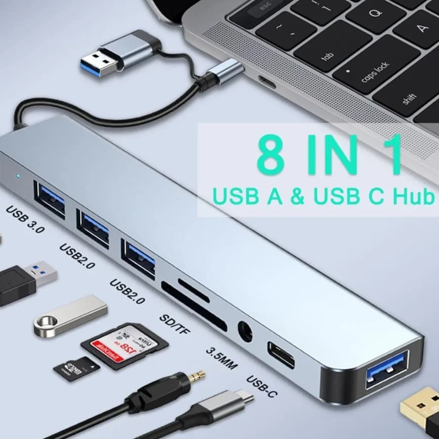 Hub USB e hub USB C Extender splitter USB 3.0 2.0 8 in 1 con lettore di schede SD/TF Porte Aux da 3,5 mm per PC portatile e altri dispositivi